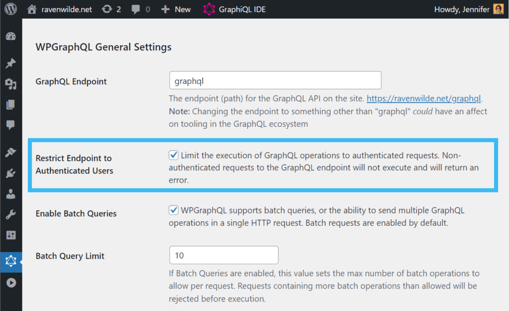 A screen capture of my WordPress admin interface's WPGraphQL General Settings tab. The checkbox labeled "Restrict Endpoint to Authenticated Users" is highlighted to draw attention to it on the interface. The checkbox is enabled/checked on.